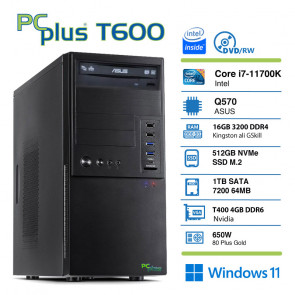 PCPLUS T600 i7-11700K 16GB 512 NVMe SSD 1TB HDD Nvidia T400 4GB Windows 11 Pro tipkovnica miška namizni računalnik