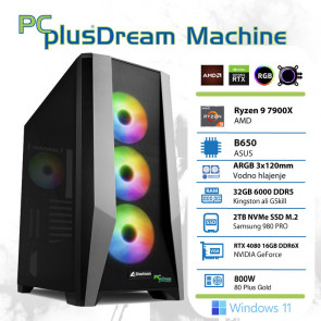 PCPLUS Dream Machine Ryzen 9 7900X 32GB 2TB NVMe SSD GeForce RTX 4080 16GB Windows 11 Home vodno hlajenje gaming namizni računalnik